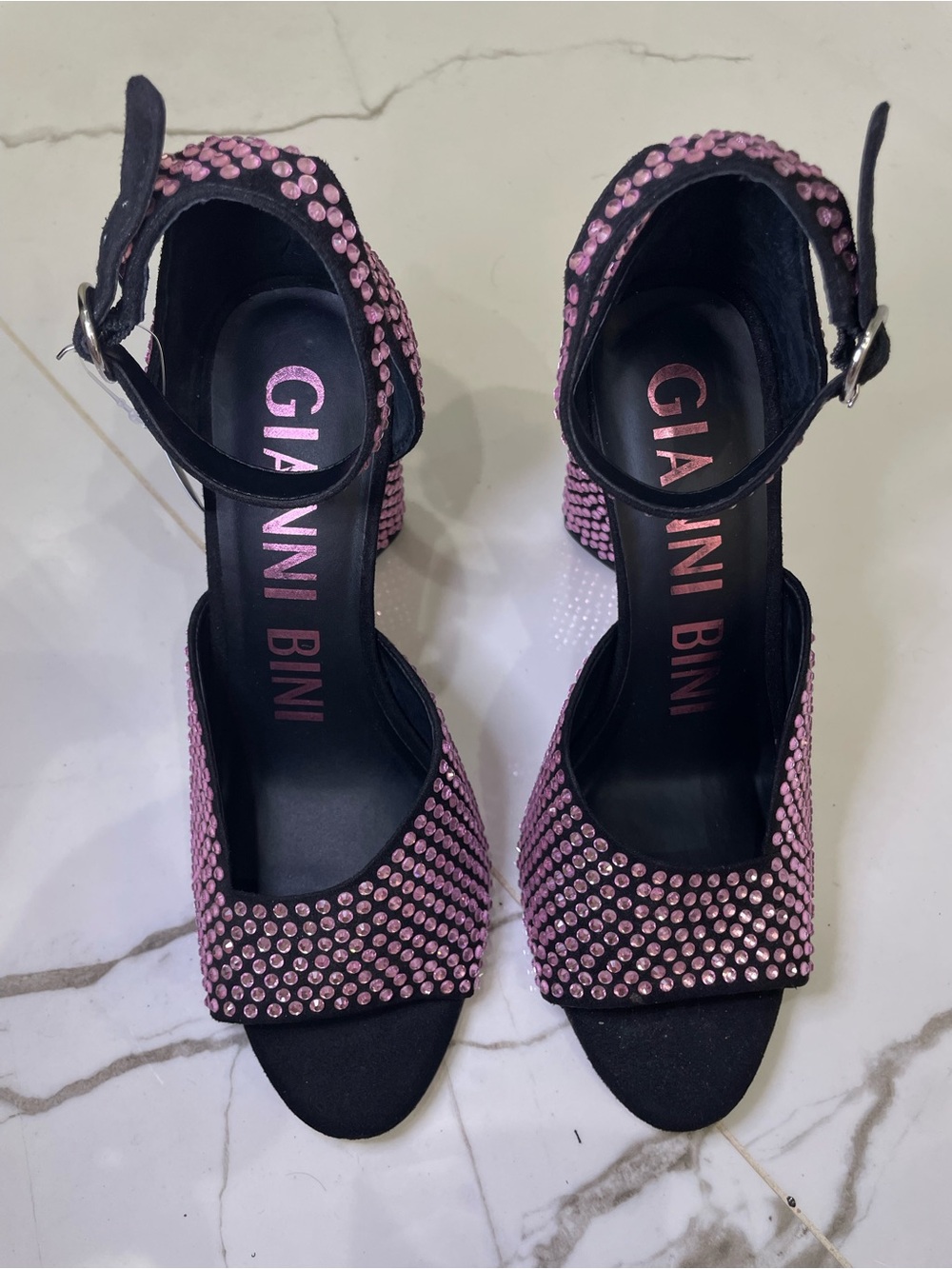 Gianni Bini Black Sandals with Pink Crystal Accents